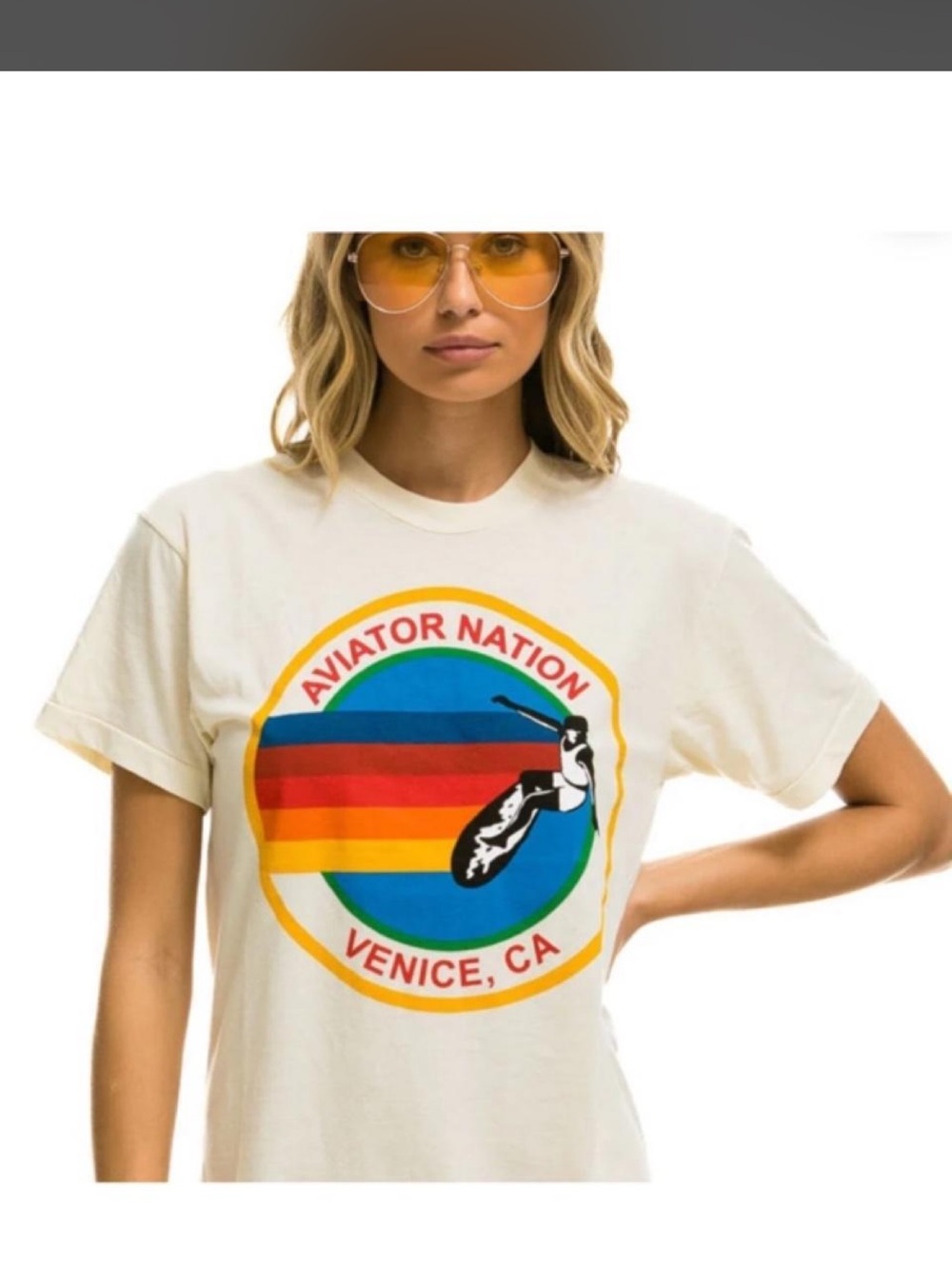 Aviator Nation Light Cream Multi color Graphic  Venice CA Tee size Small NWOT